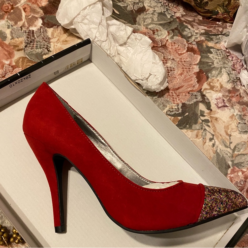 Elegant Red High Heels with Glitter Toe by Carlos